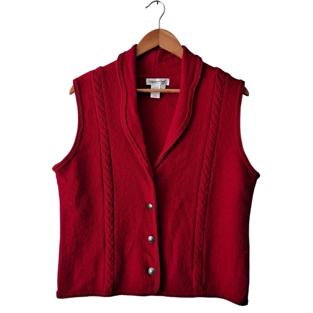 Coldwater Creek 100% Wool Sweater Vest Button-Front Cable Knit Red Womens Size L